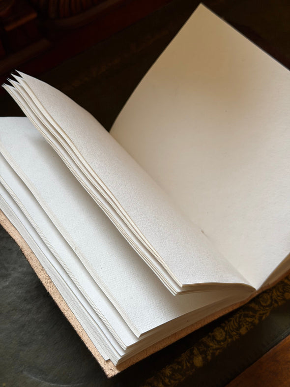 Open book with white pages on a dark surface