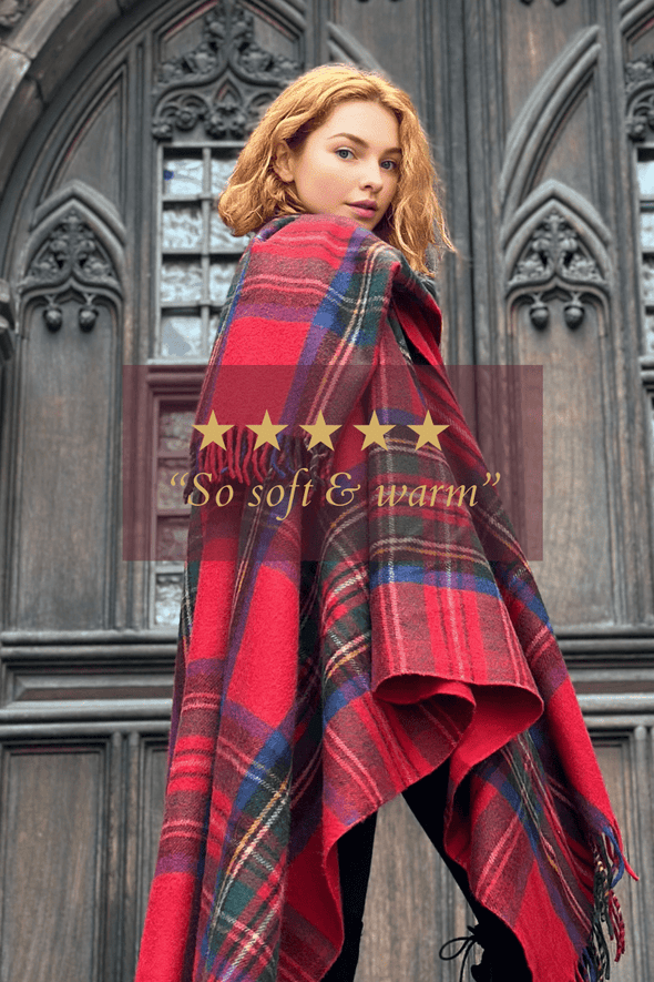Great Scot Highander Ruana In Royal Stewart Tartan photo shoot Edinburgh Scotland Authenticity Matters