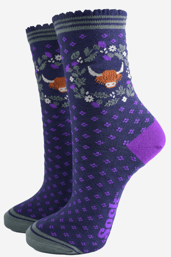 Lady's Highland Cow Socks | Purple Heather & Moss | Eco Friendly