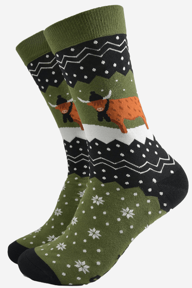 Men's Highland Cow Socks | Moss Green | Eco-Friendly