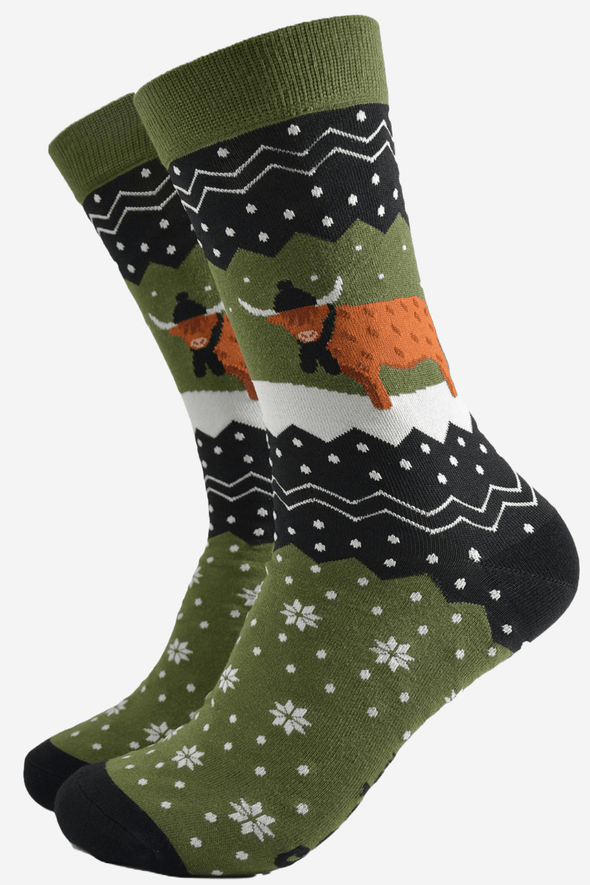 Men's Highland Cow Socks | Moss Green | Eco-Friendly