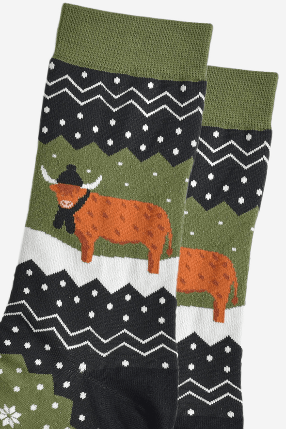 Men's Highland Cow Socks | Moss Green | Eco-Friendly